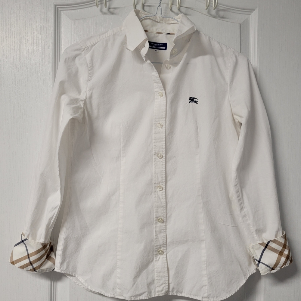 Burberry White Button Down Shirt with Plaid Accents